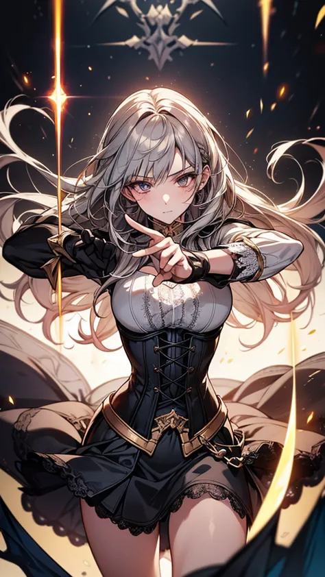 masterpiece, best quality, mature women,, gray hair, long hair flying，fantasy, middle ages, on the war zone, dynamic poses, beau...