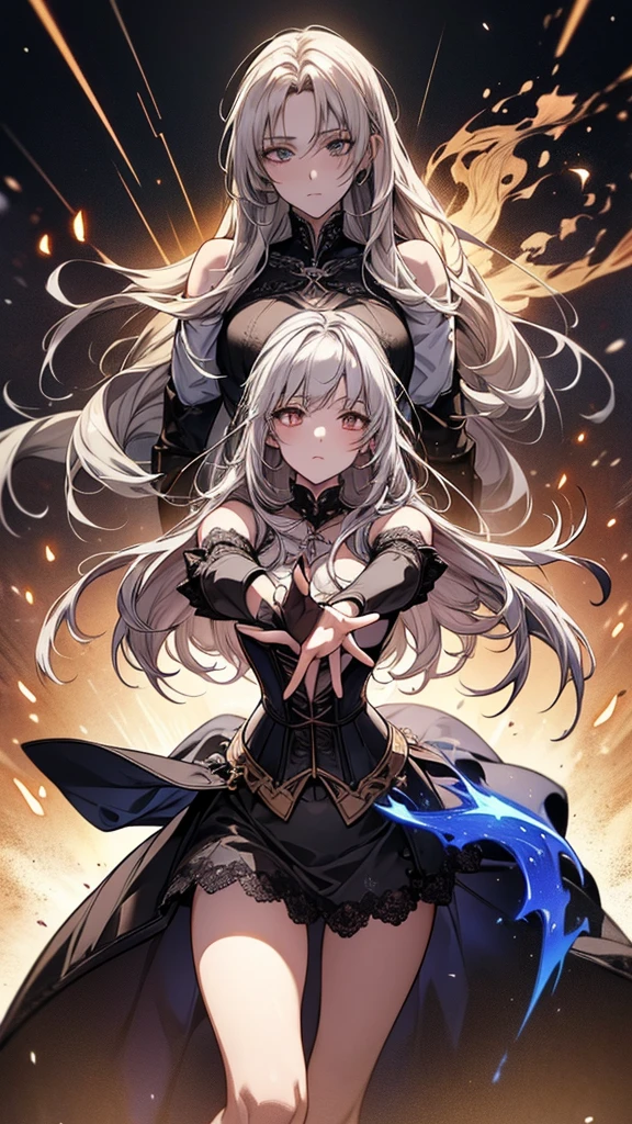 masterpiece, best quality, Mature women,, gray hair, Long Hair Flying，fantasy, middle Ages, On the war zone, dynamic poses, Beautiful and detailed light，black corset，White miniskirt，Lace exposed，Golden eyes，There are blue sword lights all around，silence