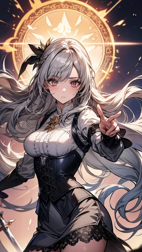 masterpiece, best quality, Mature women,, gray hair, Long Hair Flying，fantasy, middle Ages, On the war zone, dynamic poses, Beautiful and detailed light，black corset，White miniskirt，Lace exposed，Golden eyes，There are blue sword lights all around，silence