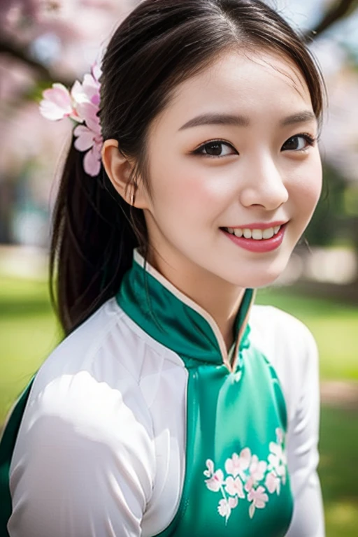 (a gorgeous lady, age 18, Vietnamese traditional dress Ao Dai, nature walk in cherry blossom festival, friendly expression, dimpled smile, cute snaggle-tooth, short hair ponytail, beautiful detailed face, beautiful detailed eyes, ample round bosom, photorealistic, hyper-realism, high contrast, ultra HD, realistic skin textures, top image quality, top-quality, super high resolution, fine details, very meticulously, masterpiece, head to thigh, the Cowboy shot, romantic stunning, bokeh background)