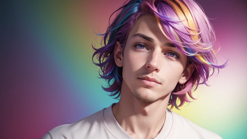(Realistic style) 1 man, young man, focus alone, adult, young adult face, short pink hair, wavy hair, purple eyes, white sweatshirt, casual clothes, multicolored clothes, celebrating lgbt gay pride month, pride flag gay lgbt, realistic and dynamic pose. Realistic, detailed and correct facial structure. multicolored background, background with many colors, background full of bright colors, rainbow background