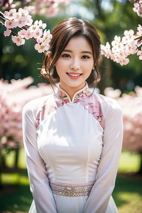 (a gorgeous lady, age 18, vietnamese traditional dress ao dai, nature walk in cherry blossom festival, friendly expression, dimp...