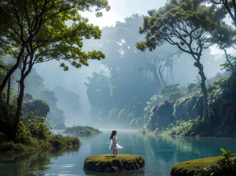 little adventurer girl，river in the fog, mystical forest lagoon, dreamy scene, индонезия national geographic, in a serene landsc...