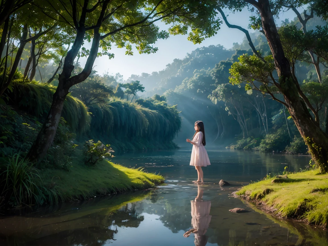 little adventurer girl，river in the fog, Mystical forest lagoon, dreamy scene, Индонезия National Geographic, in a serene landscape, Mystical scene, Mysterious lake, Beautiful Vietnamese jungle, mystical setting, Beautiful setting, Tranquil environment, early morning light, Awesome atmosphere, Morning River, enchanting and otherworldly, lost in a dreamy fairytale landscape, many colors