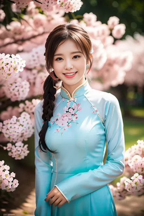 (a gorgeous lady, age 18, vietnamese traditional dress ao dai, nature walk in cherry blossom festival, friendly expression, dimp...