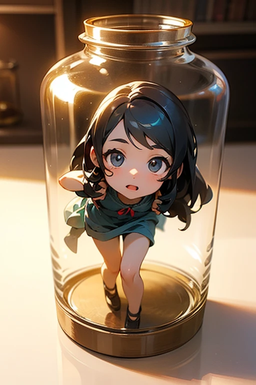 3Dオブジェ of a very cute girl figure in a jar, Masterpiece((must)), Palm-sized, Uplifting, The face is dense((must)), tiny miniature,  The living room is in the background