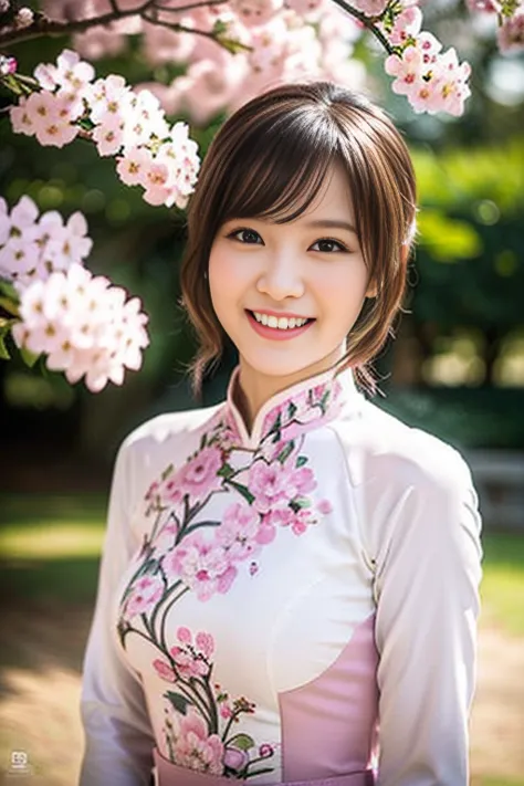 (a gorgeous lady, age 18, vietnamese traditional dress ao dai, posing at takada castle park cherry blossom, friendly expression,...