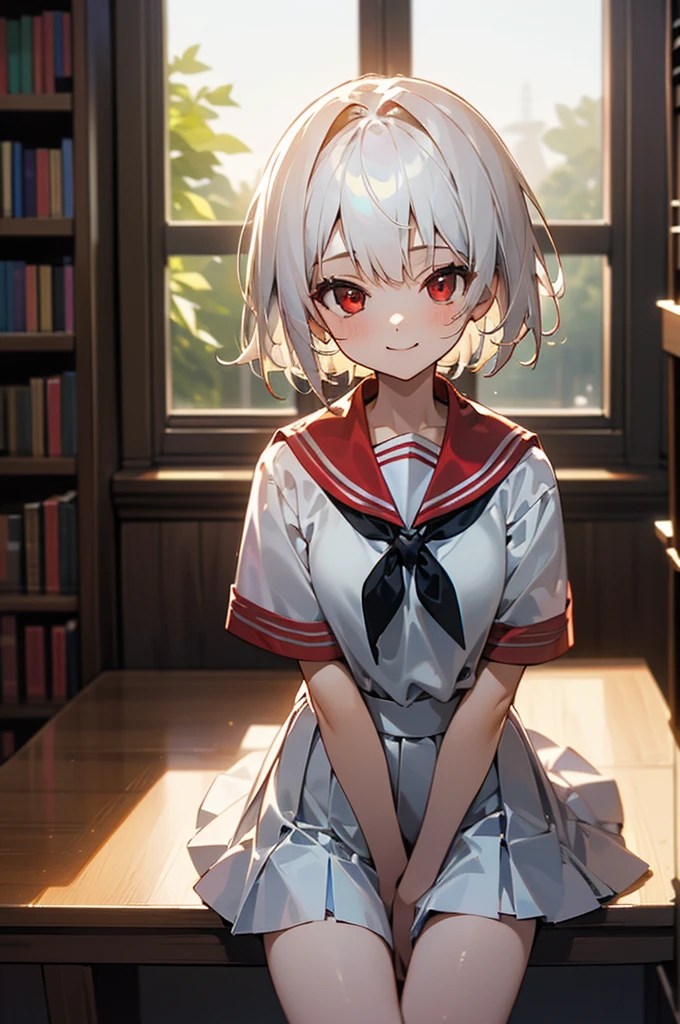 ((masterpiece,Highest quality, High resolution)), One girl, alone, Red eyes, Short white hair, Sitting, Arms folded on the table, smile, , White Seraphim, Red Sailor Collar, Short sleeve, White pleated skirt, (In the library), Dramatic Light, Next to the window, afternoon light through the window, afternoon, Bokeh effect