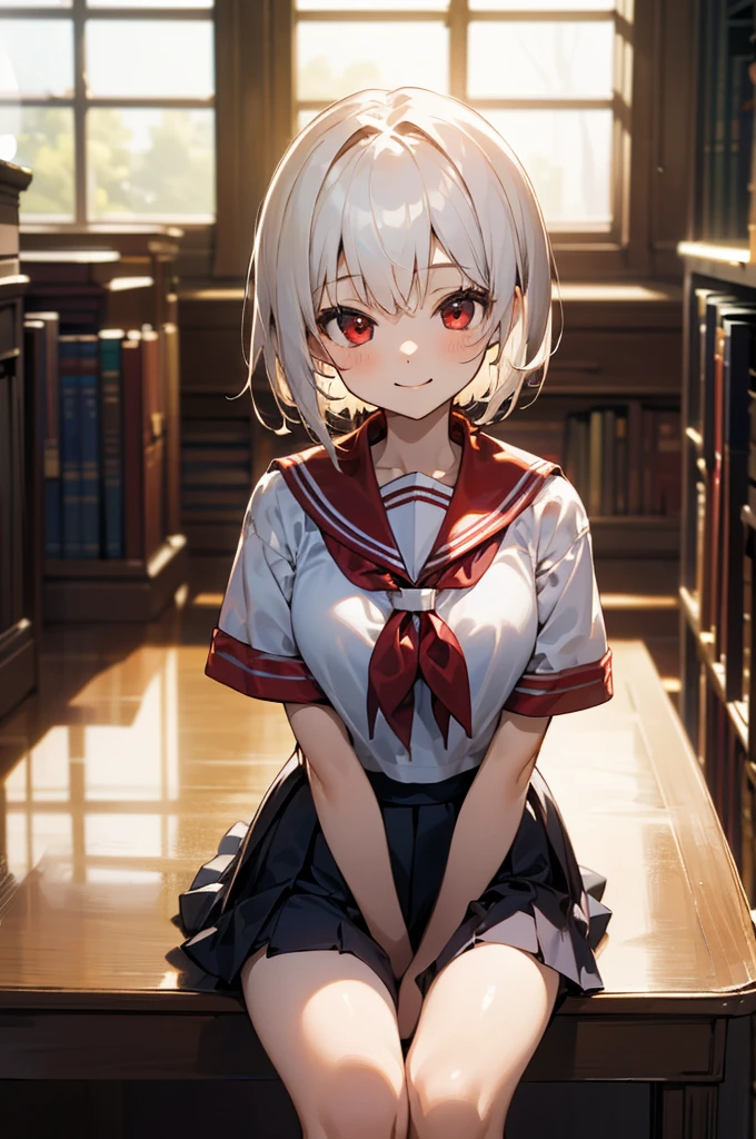 ((masterpiece,Highest quality, High resolution)), One girl, alone, Red eyes, Short white hair, Sitting, Arms folded on the table, smile, , White Seraphim, Red Sailor Collar, Short sleeve, White pleated skirt, (In the library), Dramatic Light, Next to the window, afternoon light through the window, afternoon, Bokeh effect