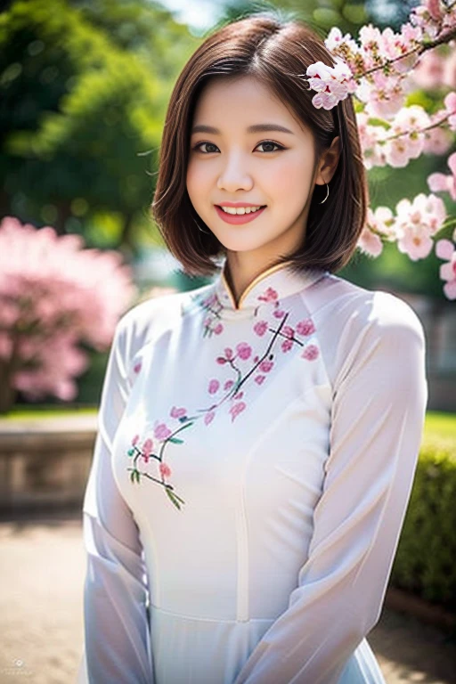 (a gorgeous lady, age 18, Vietnamese traditional dress Ao Dai, posing at Takada Castle Park Cherry Blossom, friendly expression, dimpled smile, cute snaggle-tooth, short hair ponytail, beautiful detailed face, beautiful detailed eyes, ample round bosom, photorealistic, hyper-realism, high contrast, ultra HD, realistic skin textures, top image quality, top-quality, super high resolution, fine details, very meticulously, masterpiece, head to knees, the Cowboy shot, romantic stunning, bokeh background)