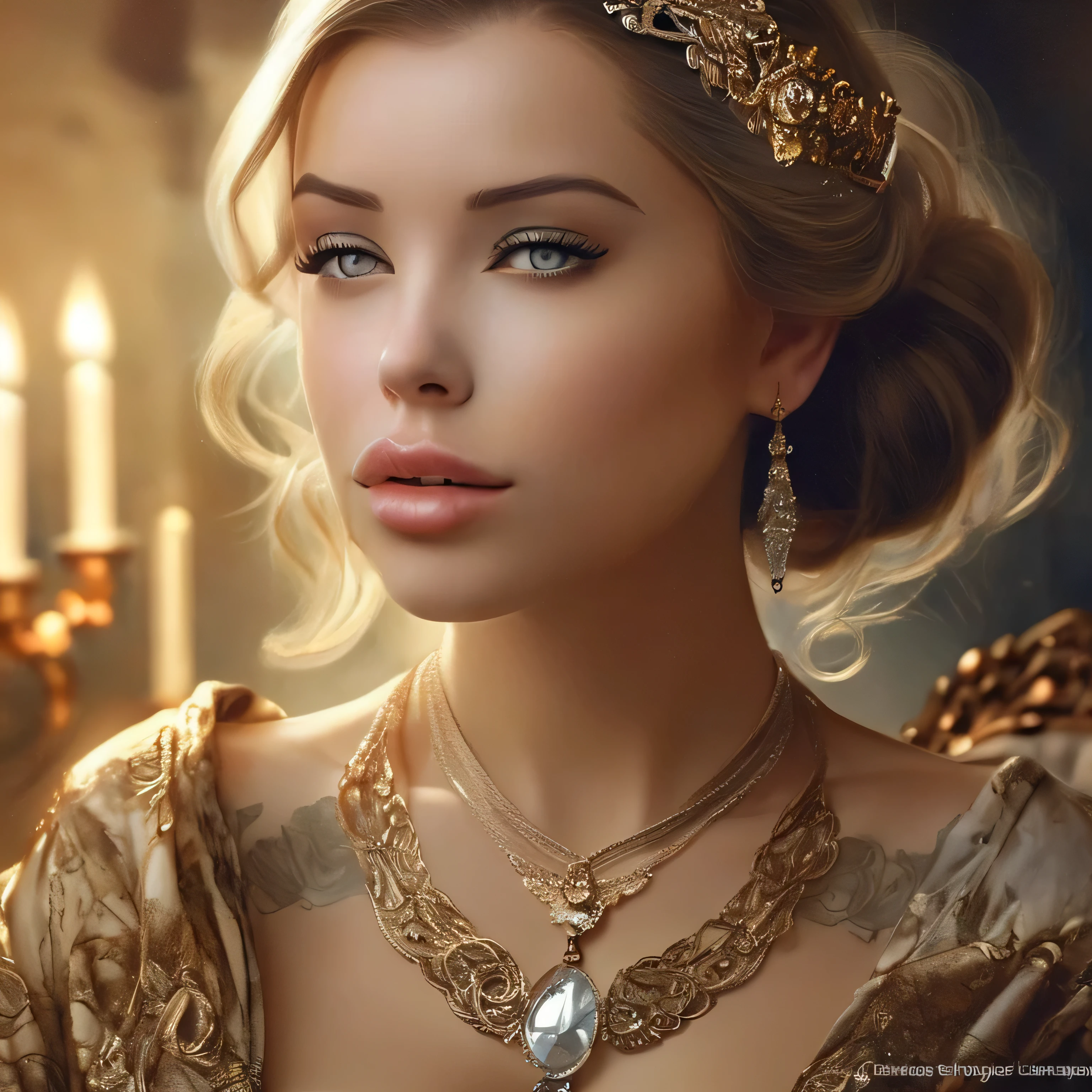 masterpiece, best quality, 1 girl, solo, laurence bedard, glossy, beautiful detailed eyes, beautiful detailed lips, extremely detailed face, longeyelashes, elegant, graceful, serene, peaceful expression, intricate jewelry, ornate headpiece, flowing dress, cinematic lighting, warm golden tones, dramatic backlighting, highly detailed, photorealistic, digital painting