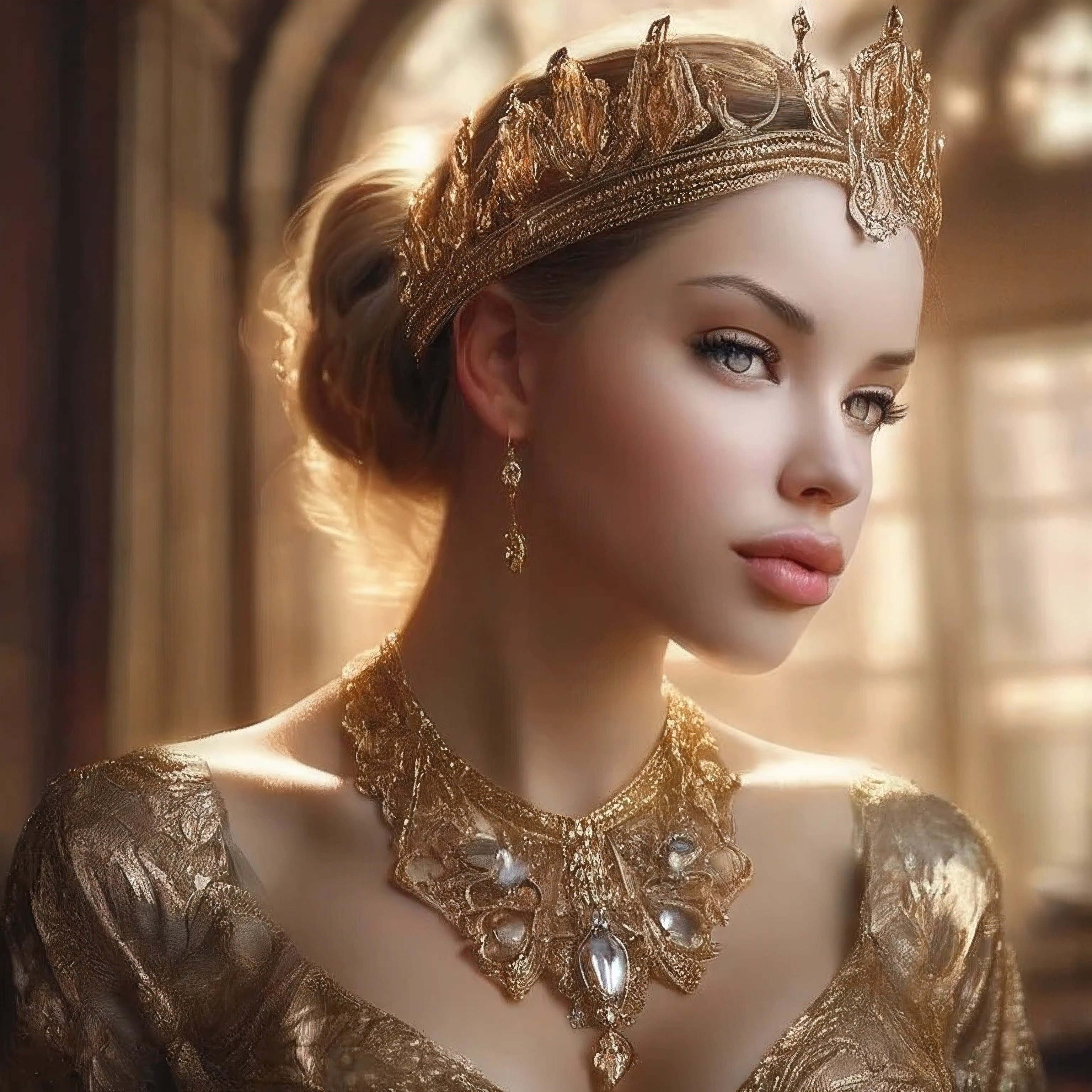 masterpiece, best quality, 1 girl, solo, laurence bedard, glossy, beautiful detailed eyes, beautiful detailed lips, extremely detailed face, longeyelashes, elegant, graceful, serene, peaceful expression, intricate jewelry, ornate headpiece, flowing dress, cinematic lighting, warm golden tones, dramatic backlighting, highly detailed, photorealistic, digital painting