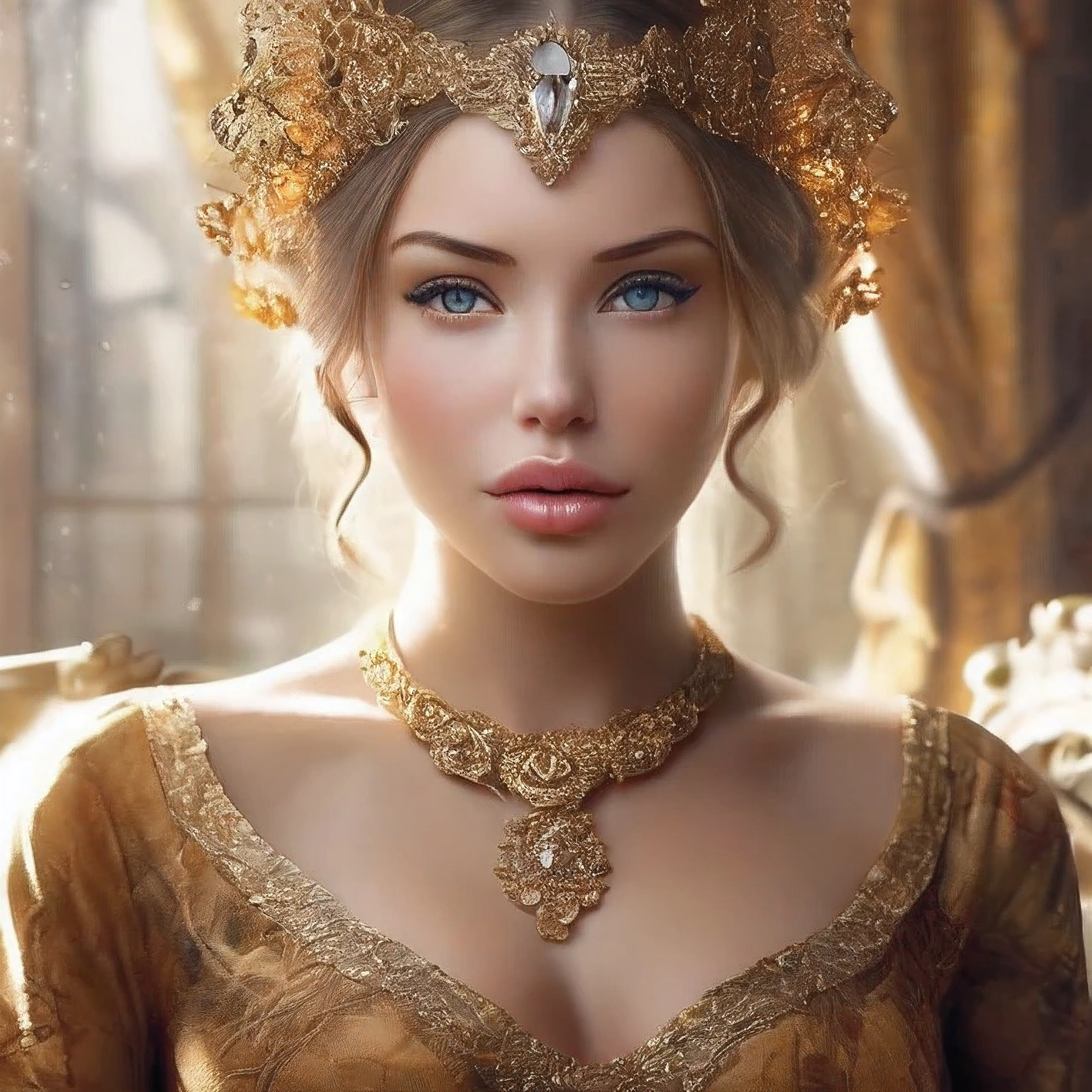 masterpiece, best quality, 1 girl, solo, laurence bedard, glossy, beautiful detailed eyes, beautiful detailed lips, extremely detailed face, longeyelashes, elegant, graceful, serene, peaceful expression, intricate jewelry, ornate headpiece, flowing dress, cinematic lighting, warm golden tones, dramatic backlighting, highly detailed, photorealistic, digital painting