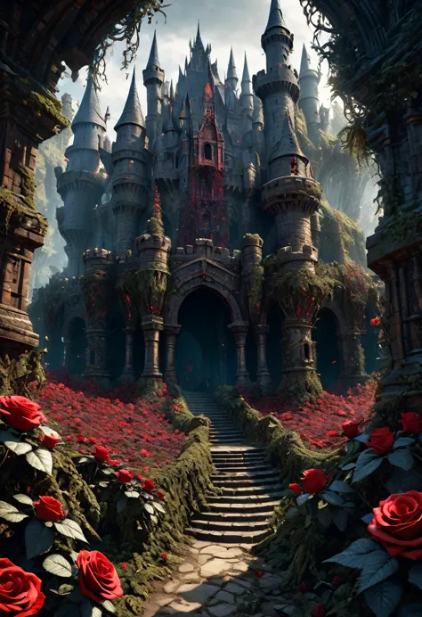 a fantastical image of a reddish castle surrounded by ultra sharp and prickly brambles with scarlet roses on them. ultra dark, d...