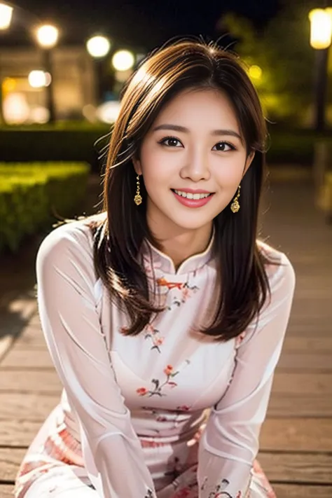 (a gorgeous lady, age 18, vietnamese traditional dress ao dai, posing at takada castle park cherry blossom, under night sky, fri...