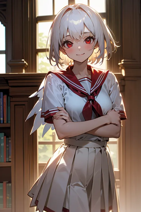 ((masterpiece,Highest quality, High resolution)), One girl, alone, Red eyes, Short white hair, smile, , White Seraphim, Red Sail...