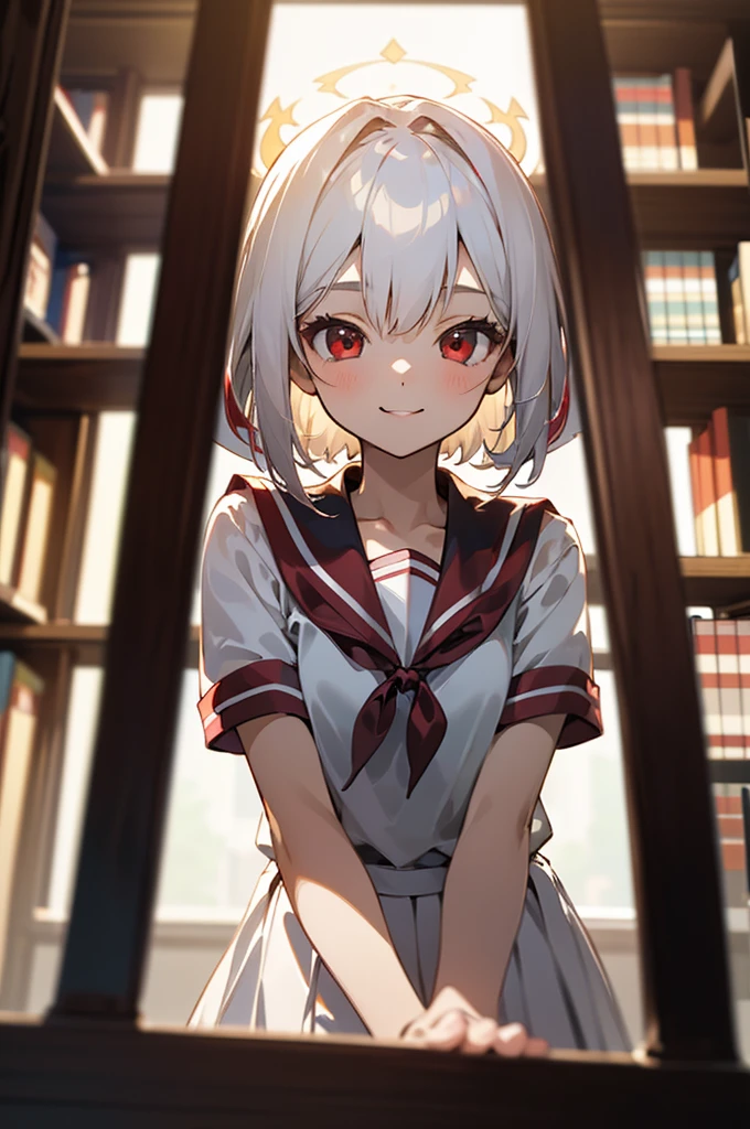 ((masterpiece,Highest quality, High resolution)), One girl, alone, Red eyes, Short white hair, smile, , White Seraphim, Red Sailor Collar, Short sleeve, White pleated skirt, (In the library), Dramatic Light, Next to the window, afternoon light through the window, afternoon, Bokeh effect