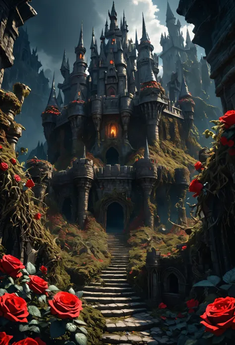 a fantastical image of a reddish castle surrounded by ultra sharp and prickly brambles with scarlet roses on them. ultra dark, d...