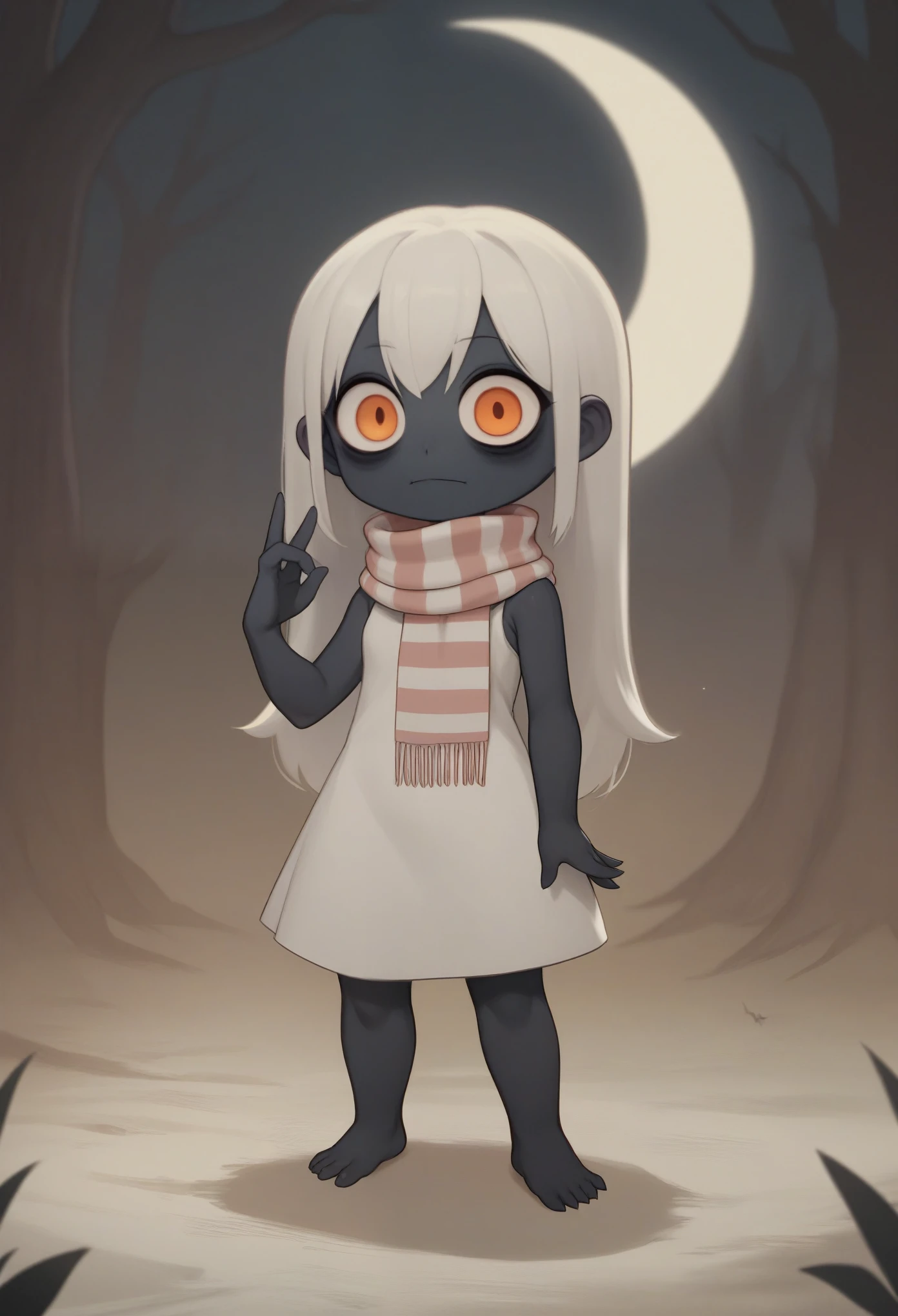 score_9, score_8_up, score_7_up, score_6_up, score_5_up, score_4_up, cute horror fantasy, disney-style horror effects, BREAK ,devil girl\(female,cute,(chibi,small kid,3 years old),wearing shawl\(large thick warm scarf, cute pattern, beautiful, colorful, cute, fluffy \),black hair,tattered clothes, singing song, evil smile, dancing notes,pure black skin,limbs\(slim,thin\), big eyes,orange eyes, bags under eyes,long eyebrow,long sharp nails,(long shot:1.4),looking down\), BREAK , background\((big dead trees in the forest:1.2),beautiful full moon\), (long shot:1.4),landscape