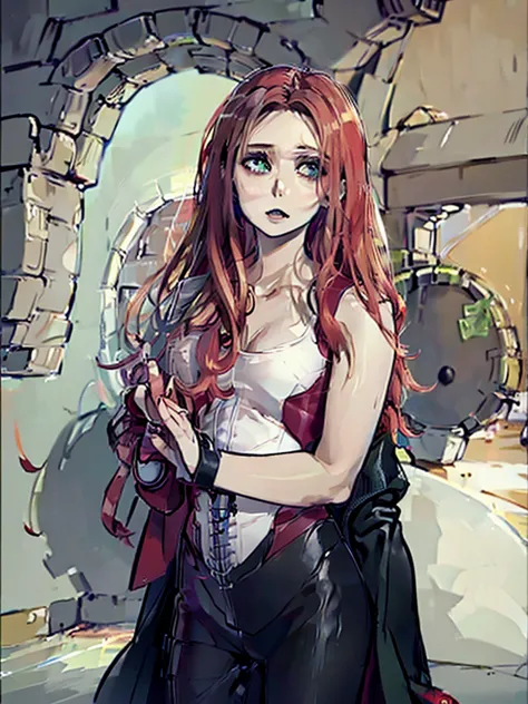 a 20-year-old witch with scarlet hair and emerald eyes. she has pale skin and a slavic accent