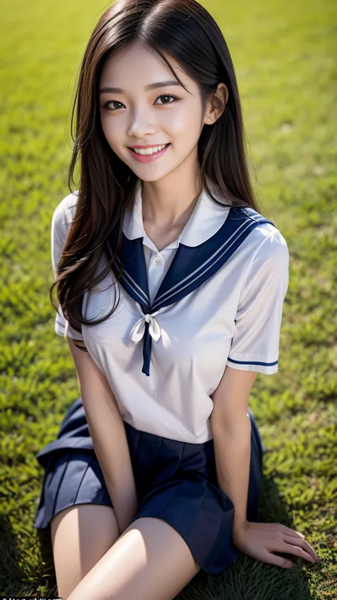A scene of a black-haired woman wearing a sailor uniform sitting on the grass on a sunny day with a big smile