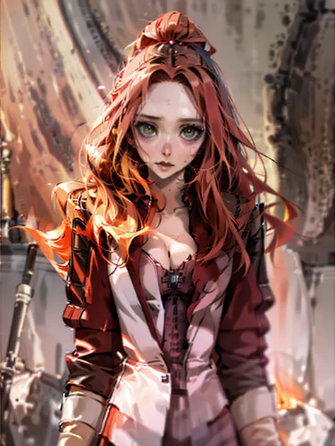 a 20-year-old witch with scarlet hair and emerald eyes. she has pale skin and a slavic accent