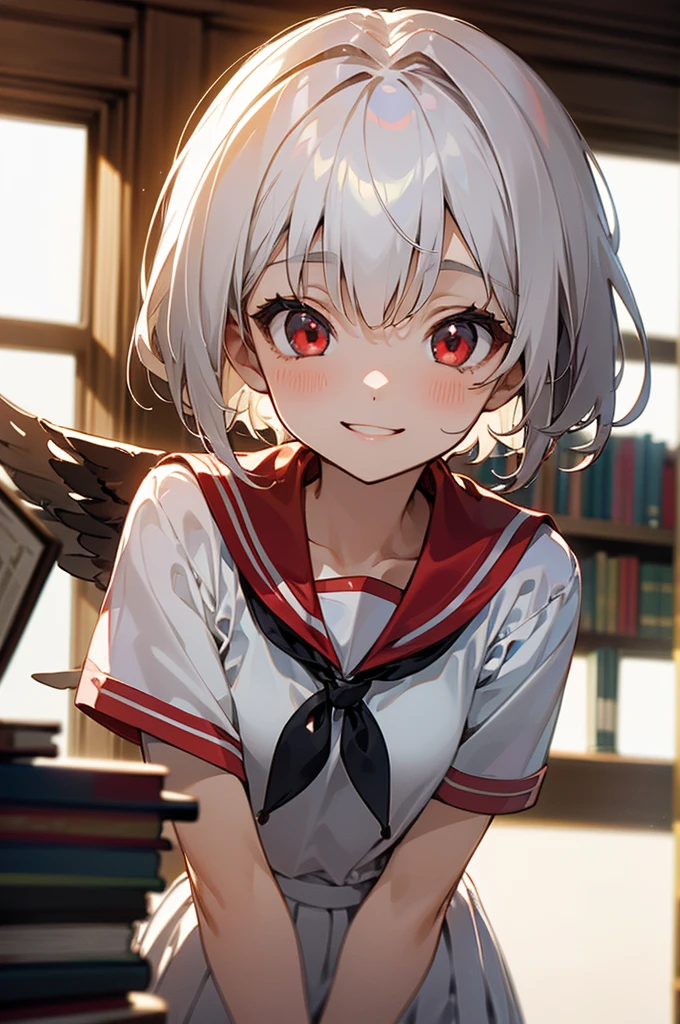 ((masterpiece,Highest quality, High resolution)), One girl, alone, Red eyes, Short white hair, smile, , White Seraphim, Red Sailor Collar, Short sleeve, White pleated skirt, (In the library), Dramatic Light, Next to the window, afternoon light through the window, afternoon, Bokeh effect