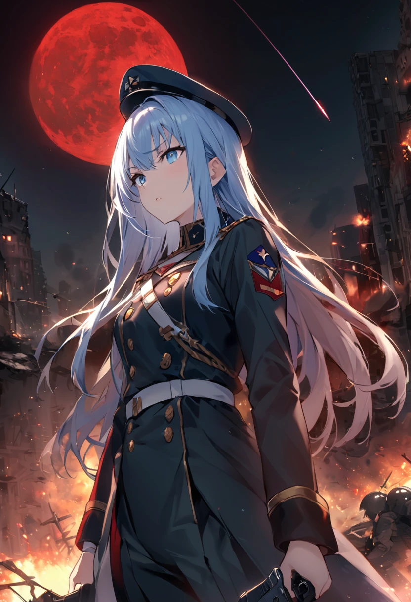 Facing forward　girl　Military uniforms with a white base and some black　Spectacular Background　A shooting star is falling　Beautiful night view　　　She is on the right　On the left you can see the destroyed city.　He has a gun　　　服にはplaneが描かれています　背景の上部にはFighterが飛んでいます　Red Moon　blue eyes　　There is one person　light blue long hair　wearing a military cap　war　I'm wearing pants　Precision　masterpiece　girlにクローズアップ　girlを正面から見ています　Straight Hair　long hair　soldier　battlefield　{超Precision} Satanic　She's angry　But I&#39;m angry　Hanging eyes　Anime Style　 {war} {Gunfight} {Fighterの擬人化} Fighter　tank　Battleship　plane　Thunder Day　Mechanical Man　宇宙Battleshipヤマトの武装をつけています　A dignified expression　F-16Fighterの翼を背中につけています　tankがいます