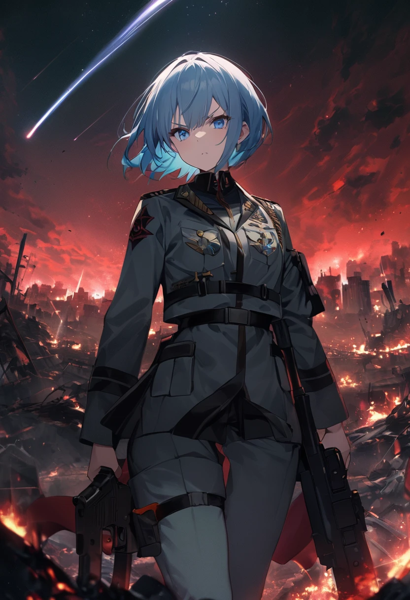 Facing forward　girl　Military uniforms with a white base and some black　Spectacular Background　A shooting star is falling　Beautiful night view　　　She is on the right　On the left you can see the destroyed city.　He has a gun　　　服にはplaneが描かれています　背景の上部にはFighterが飛んでいます　Red Moon　blue eyes　　There is one person　light blue long hair　wearing a military cap　war　I'm wearing pants　Precision　masterpiece　girlにクローズアップ　girlを正面から見ています　short hair　soldier　battlefield　{超Precision} Satanic　She's angry　But I&#39;m angry　Hanging eyes　Anime Style　 {war} {Gunfight} {Fighterの擬人化} Fighter　tank　Battleship　plane　Thunder Day　Mechanical Man　宇宙Battleshipヤマトの武装をつけています　A dignified expression　F-16Fighterの翼を背中につけています