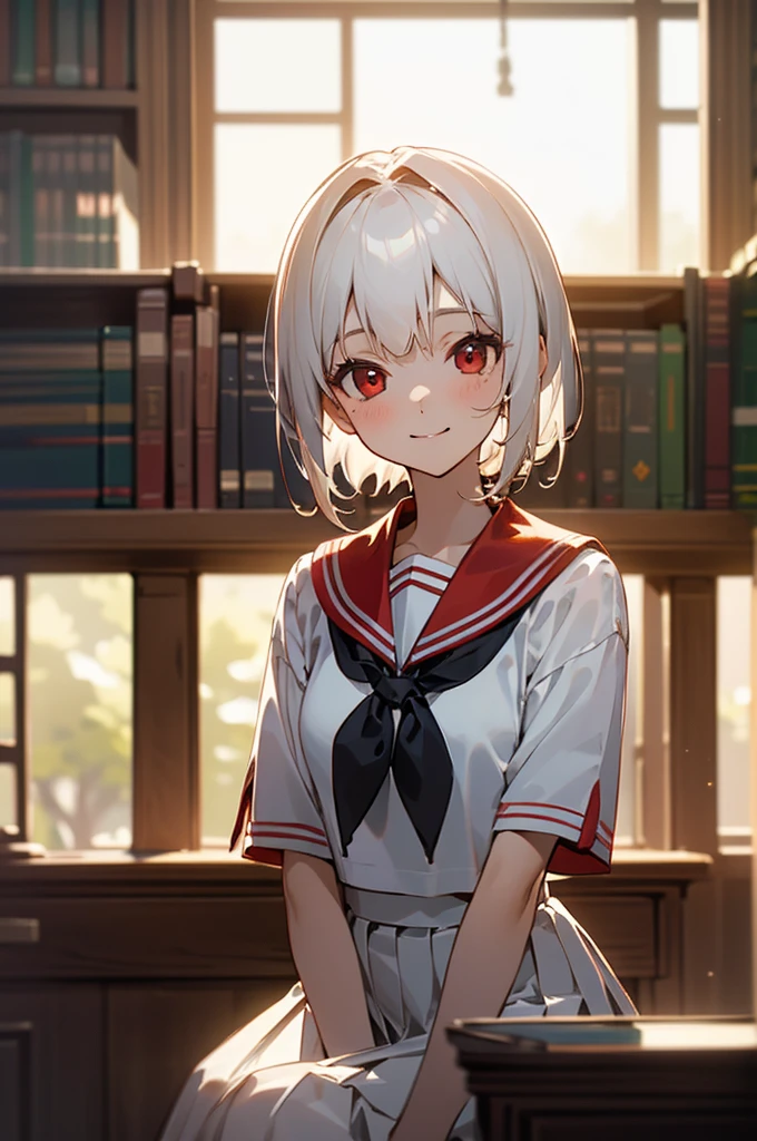 ((masterpiece,Highest quality, High resolution)), One girl, alone, Red eyes, Short white hair, smile, , White Seraphim, Red Sailor Collar, Short sleeve, White pleated skirt, (In the library), Dramatic Light, Next to the window, afternoon light through the window, afternoon, Bokeh effect