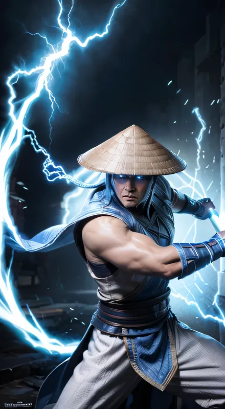 raiden, mortal combat, wears white cloak, a vietnamese hat, shining blue eyes, wields baton, god of thunder, protector of the ea...