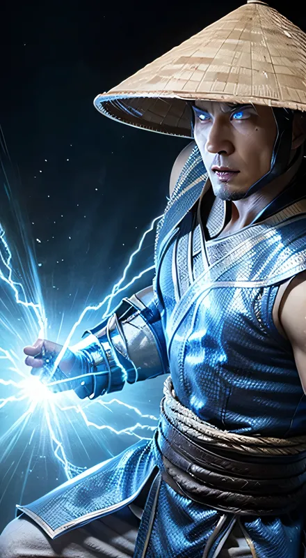 raiden, mortal combat, wears white cloak, a vietnamese hat, shining blue eyes, wields baton, god of thunder, protector of the ea...