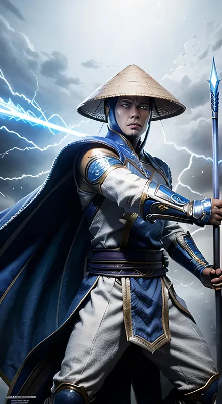 raiden, mortal combat, wears white cloak, a vietnamese hat, shining blue eyes, wields baton, god of thunder, protector of the ea...