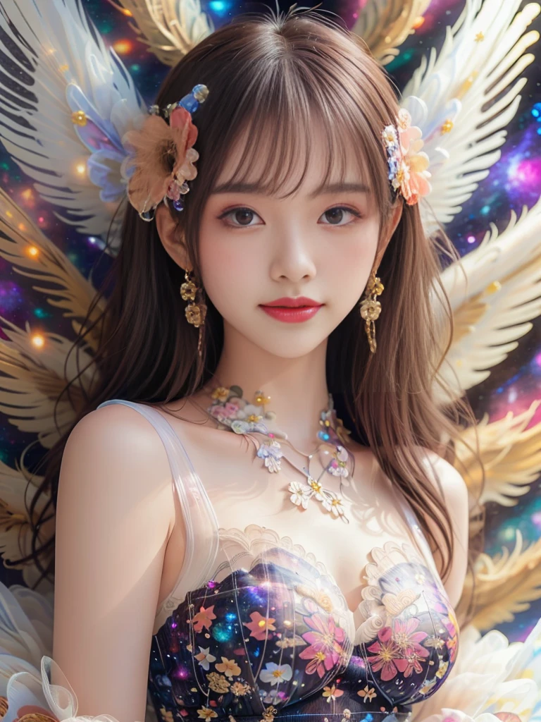 4K Ultra HD, masterpiece, girl, Nice face, Fine grain, Detailed lips,(((Whitening 1.5))) Flower fairy girl, Big Wings, Transparent feathers, Neon Light, (Galaxy Background:1.5), (Floral Dress:1.8), (White Dress:1.5), In heaven,A gentle smile、