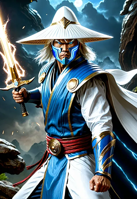 raiden, mortal combat, wears white cloak, a vietnamese hat, shining blue eyes, wields baton, god of thunder, protector of the ea...