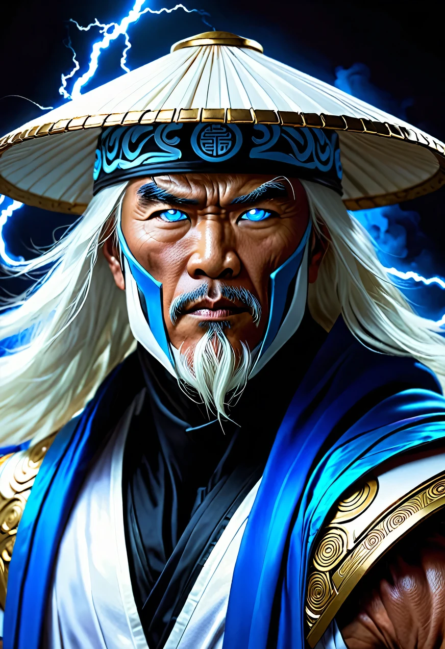 Raiden, Mortal Combat, wears white cloak, A Vietnamese hat, shining blue eyes, wields baton, God of thunder, protector of the Earth Plane, intricate, high détail, sharp focus, dramatic, photorealistic paint art by greg rutkowski
