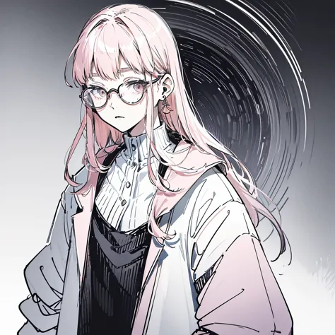 A 18-year-old japanese girl with long pink hair. Her eyes are blue and she wears round-rimmed glasses. She has slightly round ey...