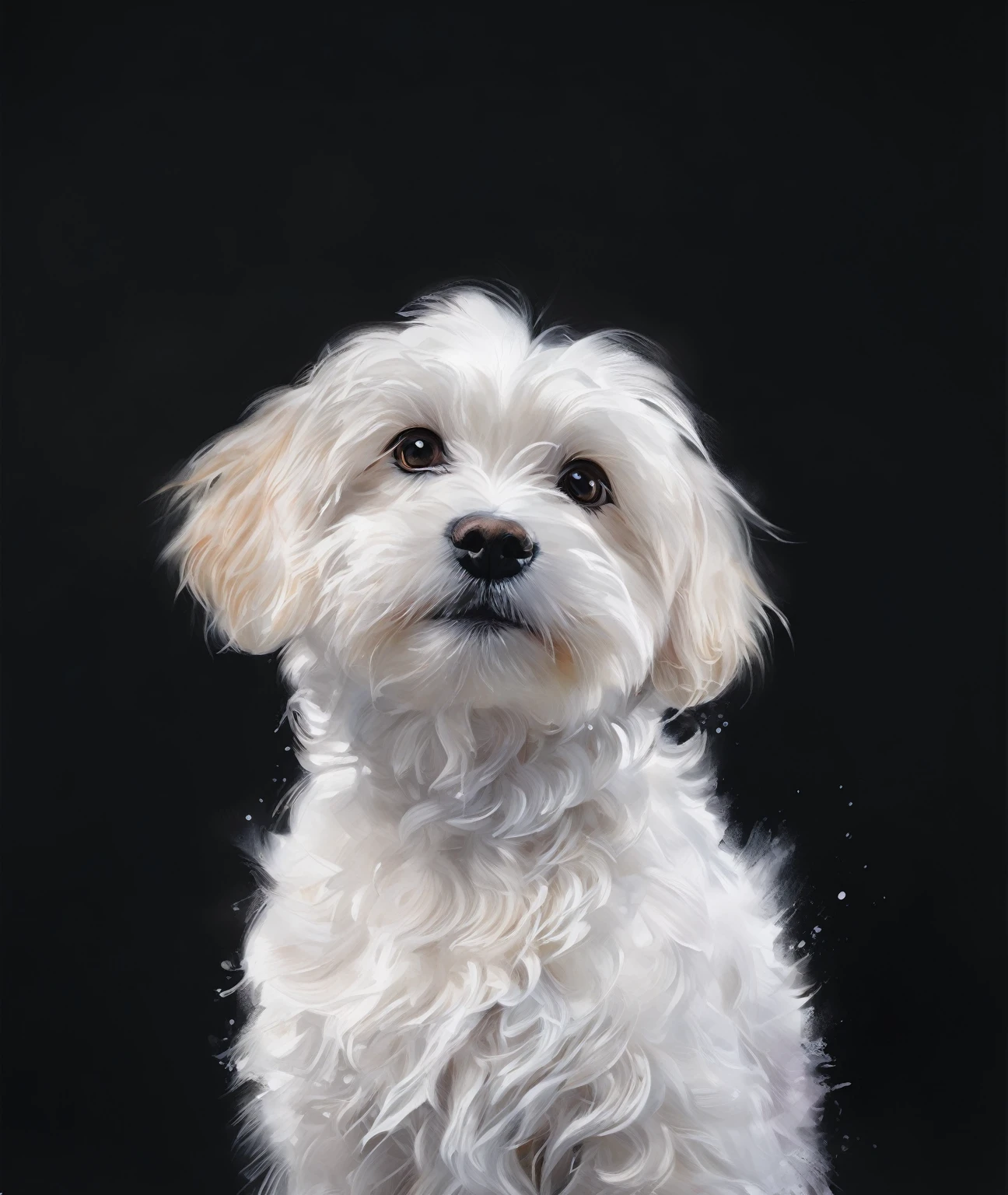 (très belle peinture à l&#39;huile et à l&#39;aquarelle élaborée), chiot bichon maltais regardant droit devant, Composition, doux, yeux réalistes et brillants, Expression faciale douce ,qualité\(8k, fond d&#39;écran d&#39;une unité CG extrêmement détaillée, chef-d&#39;œuvre, haute résolution, top-qualité, top-qualité real texture skin, hyper réaliste, augmenter la résolution, Photos brutes, best qualité, très détaillé )
