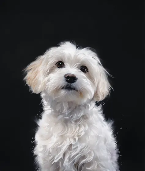(very beautiful elaborate oil and watercolor painting), maltese bichon puppy looking straight, composition, sweet, realistic and...