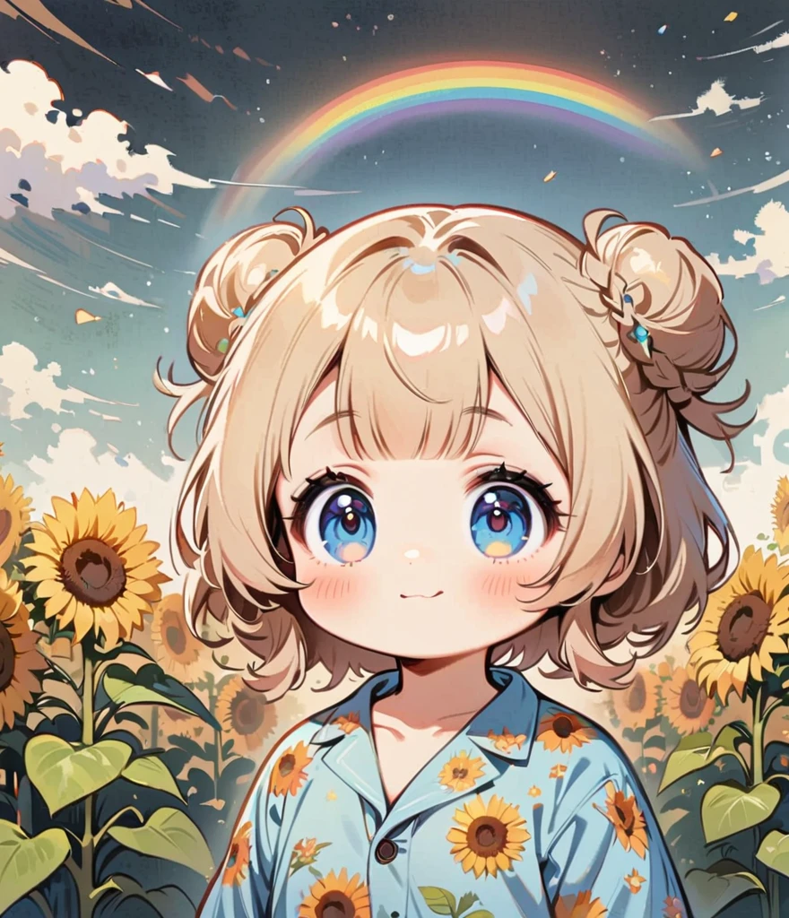 Dibuja un arcoiris en el fondo.、campo de girasoles, Diseño de personajes estilo dibujos animados.，1 chica, alone，ojos grandes，linda expresión，Dos bollos de pelo，Camiseta floral，Interesante，Interesante，Lineas limpias