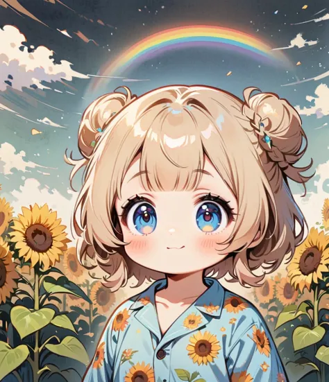 Draw a rainbow in the background、Sunflower field, Cartoon style character design，1 Girl, alone，Big eyes，Cute expression，Two buns...
