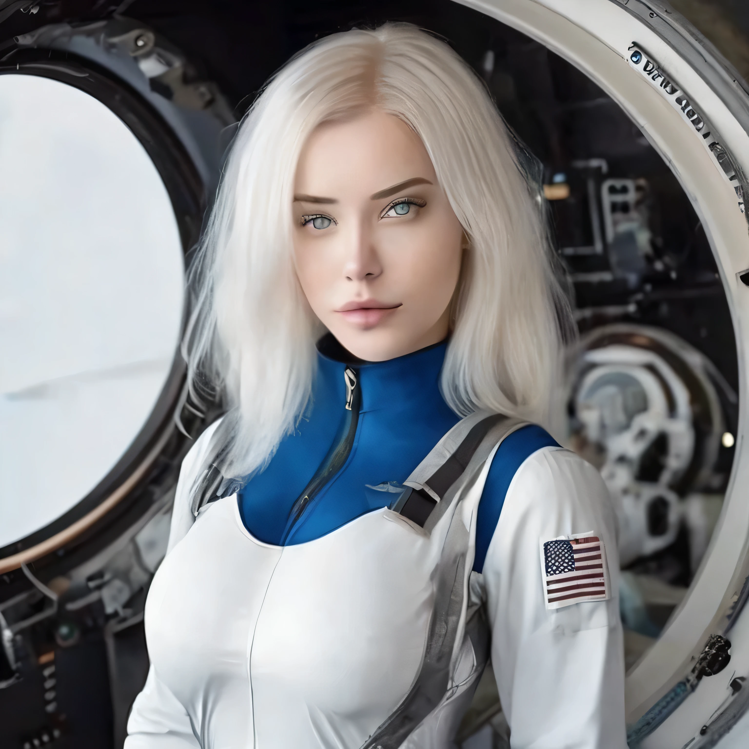 Woman with ,golden white hair,Blue eyes,,,black spacesuit