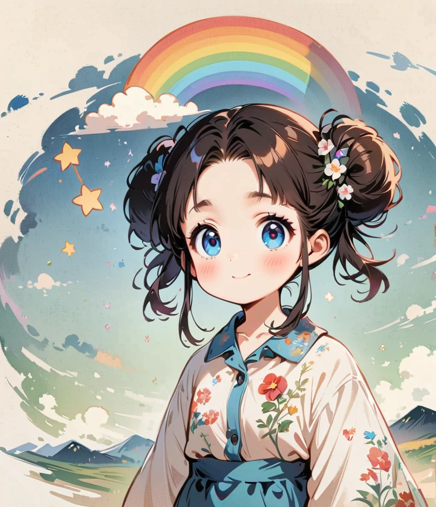 Draw a rainbow in the background、Gardenia flower、 Cartoon style character design，1 Girl, alone，Big eyes，Cute expression，Two buns hair，Floral Shirt，interesting，interesting，Clean Lines