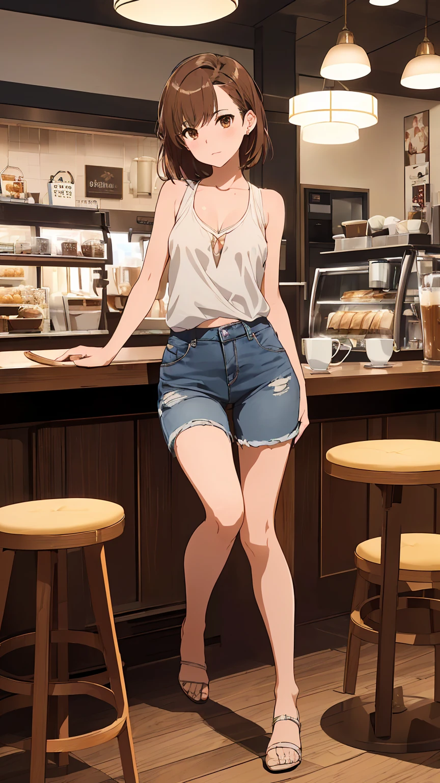 (Highest quality:1.5, High resolution, uhd, 4K, Detailed lighting, Shaderisaka Mikoto　　独奏 　Cool look　Brown eyes　Brown Hair　short hair、Tank top:Random color 1pc.2、Short jeans、At the cafe、Coffee on the table、Small breasts 、Exposed cleavage