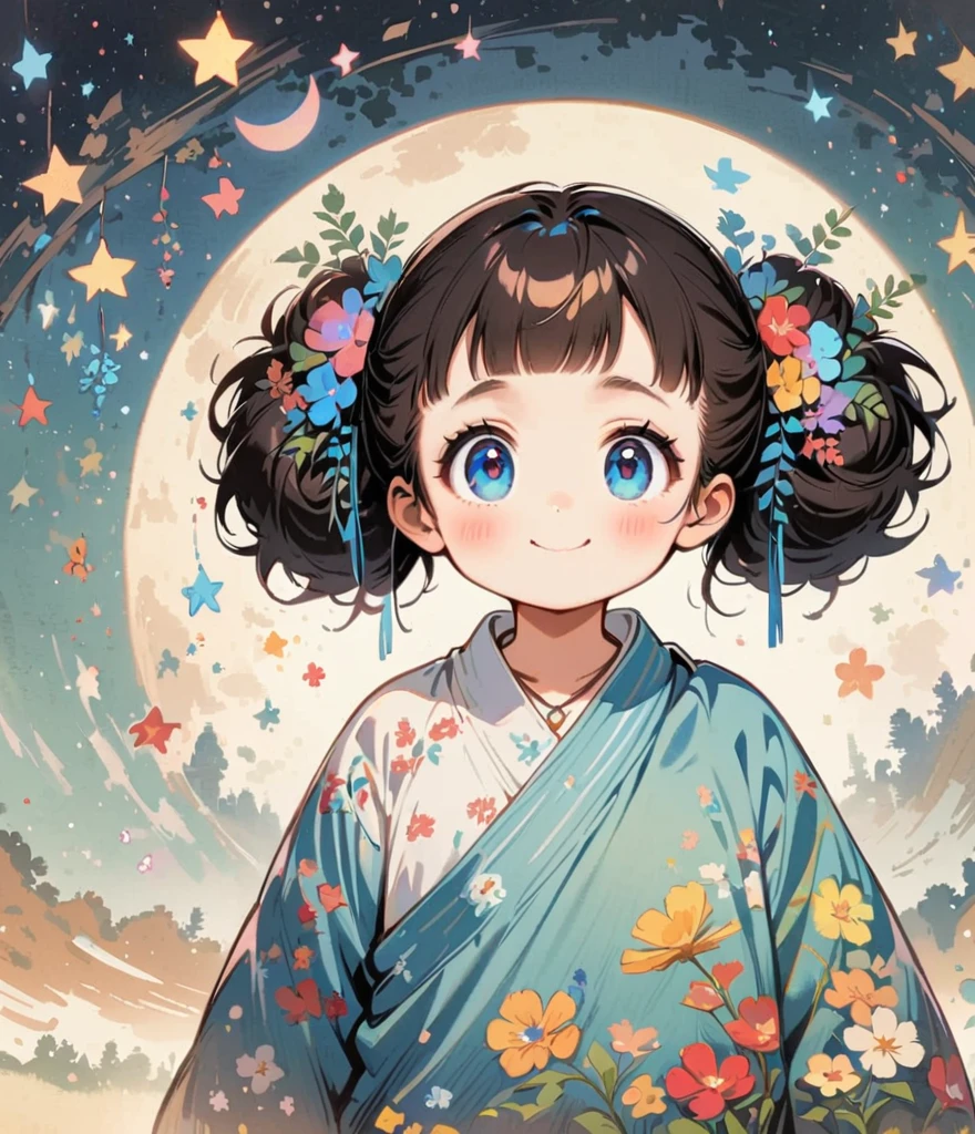 Draw the Milky Way in the background、Tanabata、 Cartoon style character design，1 Girl, alone，Big eyes，Cute expression，Two buns hair，Floral Shirt，interesting，interesting，Clean Lines