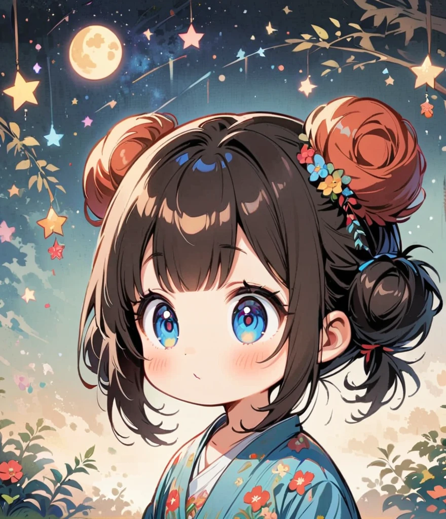 Draw the Milky Way in the background、Tanabata、 Cartoon style character design，1 Girl, alone，Big eyes，Cute expression，Two buns hair，Floral Shirt，interesting，interesting，Clean Lines