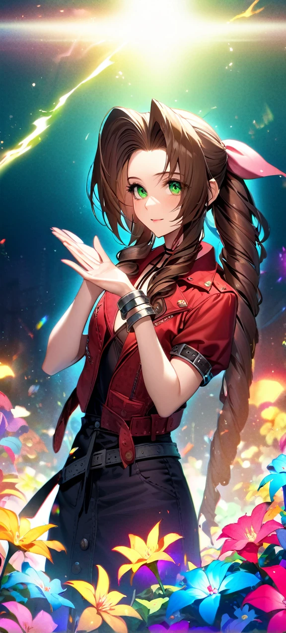 Symetrical,absurdres, highres, ultra detailed, HDR, masterpiece, extremely detailed face and eyes, aerith gainsborough ,final fantasy 7, , , solo, women , beautiful, ,, , beautiful pose scene,colorful flowers effect, colorful lightning effect,glowing glitters, ,colorful flames effect, colorful aura effect, colorful splashing, surrounded by colorful flowers energy