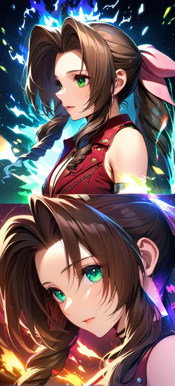 Symetrical,absurdres, highres, ultra detailed, HDR, masterpiece, extremely detailed face and eyes, aerith gainsborough ,final fantasy 7, , , solo, women , beautiful, ,, , beautiful pose scene,colorful flowers effect, colorful lightning effect,glowing glitters, ,colorful flames effect, colorful aura effect, colorful splashing, surrounded by colorful flowers energy