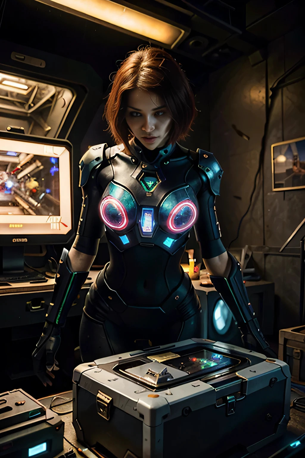 (best quality,4k,8k,highres,masterpiece:1.37), ultra-detailed, (realistic,photorealistic,photo-realistic:1.37), (aerial view), (top down perspective), 1woman, (the focal point is a woman pulling a video game cartridge out of a futuristic artifact chest full of retro video game cartridges:1.6), (the woman is looking at the box:1.4), (Futuristic artifact box), (the artifact box is open), (The scene unfolds inside a mystical cavern:1.4), joints, mecha, (The woman is wearing an insectoid exoskeleton made with glass details, covering her entire body:1.5), (dynamic angle:1.37), reelmech, mechanical parts, (The woman's hair is made of fractal technologic components:1.5), (She has short red hair:1.37), pixel art, (fantasy and sci-fi mixed:1.5), holographic glitch effects floats around the woman, vibrant colors, (A blue glow emanates from inside the treasure chest), glowing lights, (abandoned machinery), (there are old video game cartridges and consoles on the background), mystical creatures, pixelated details, (there are crystal formations spreading on the background), (futuristic technology), (ancient artifacts), mystical energy, vibrant retro aesthetic, atmospheric lighting, ancient ruins, mysterious symbols, shimmering water, lush vegetation, interdimensional portals, nostalgic atmosphere, immersive storytelling, epic adventure, delightful surprises