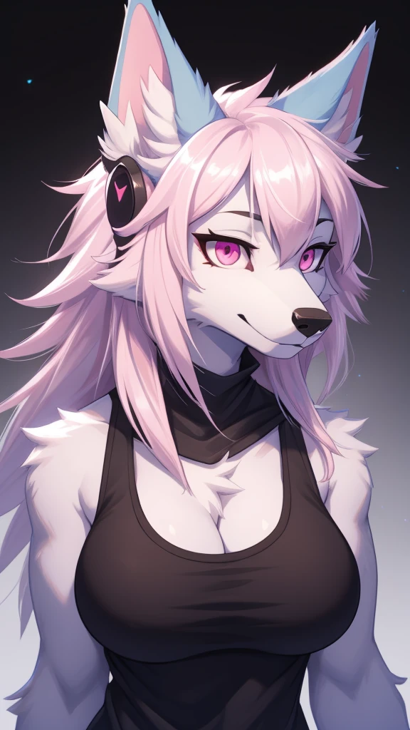 Pelziger Wolf, weiblicher Protogen, anthropomorph, weißes Fell, rosa Augen, blaue Ohren, trägt ein schwarzes Tanktop, mittlere Brustgröße, Kopfschuss 